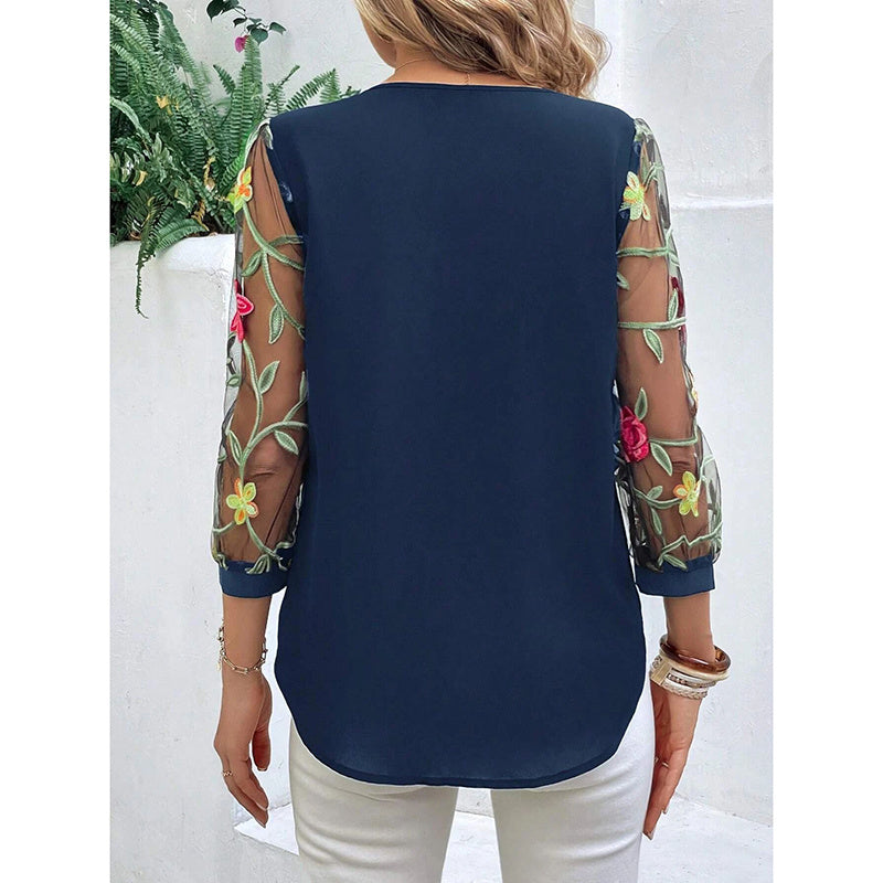 Floral Embroidered Sheer Mesh Puff Sleeve Top Boho Crew Neck