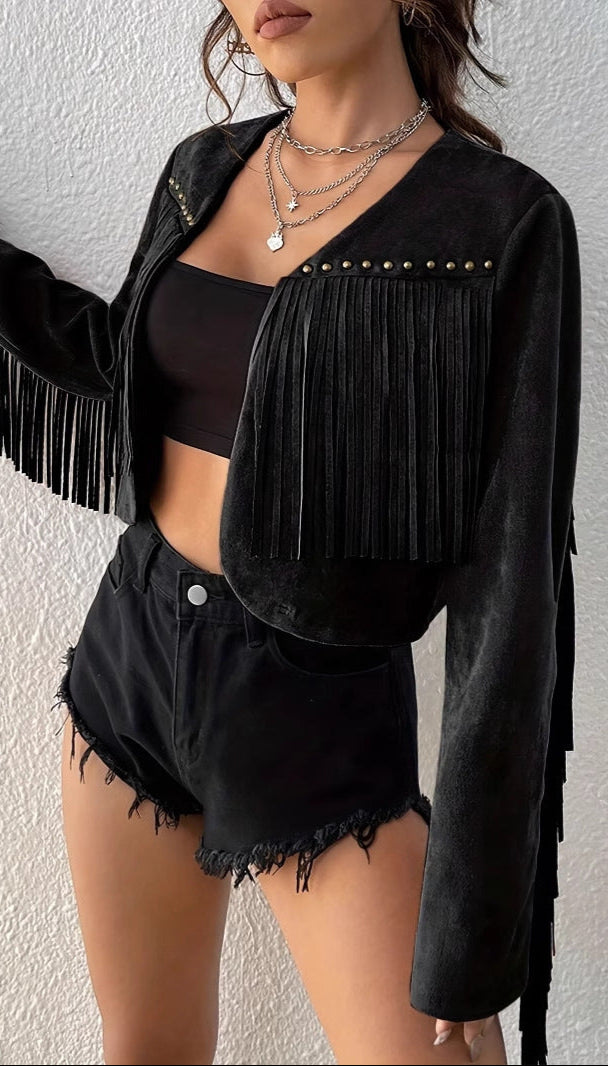Solid Color Short Jacket Open Front with Tassel & Rivet Design