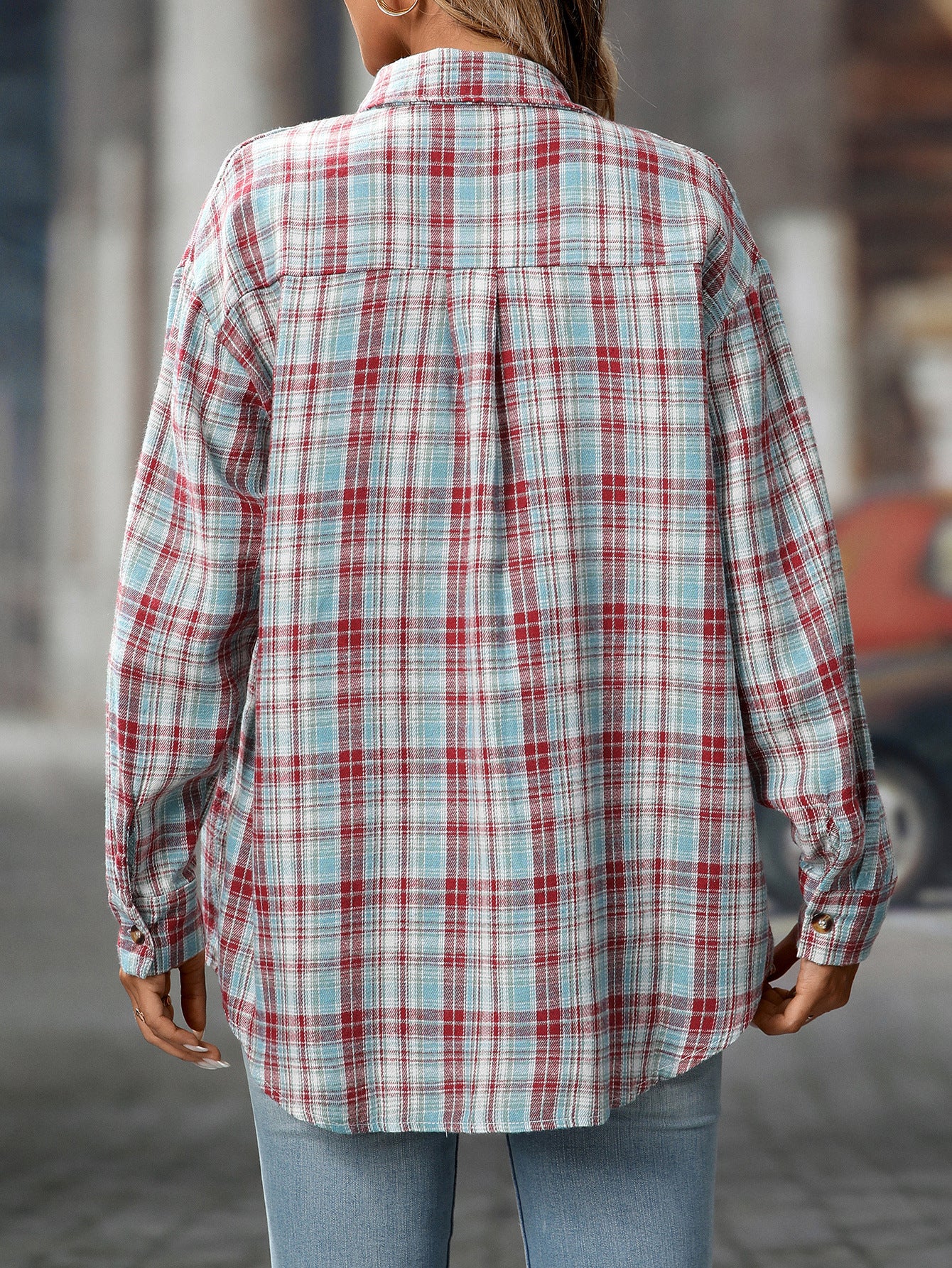 Loose Plaid Shirt Pocket Button