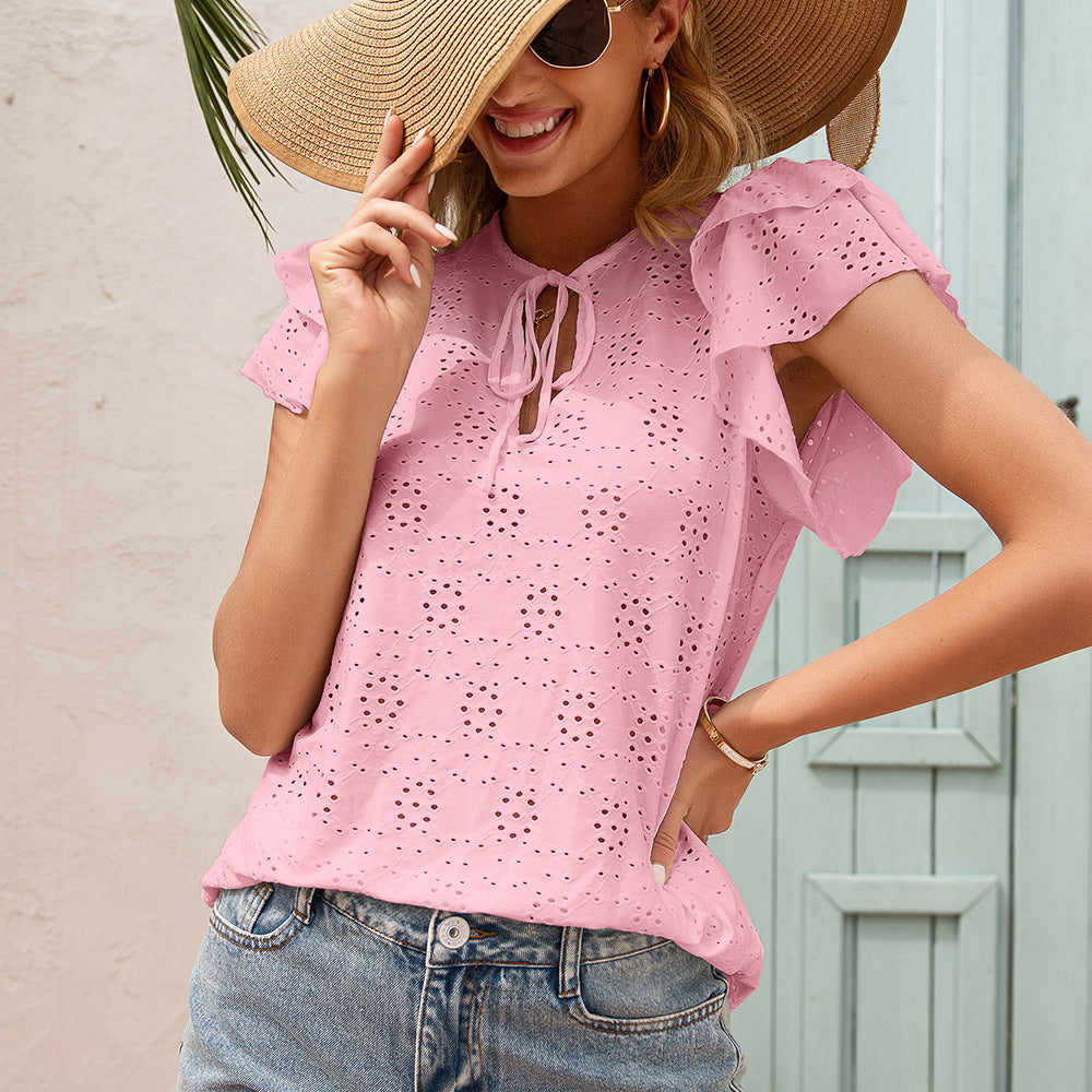 Chain Link Cutout Tie Round Neck Top