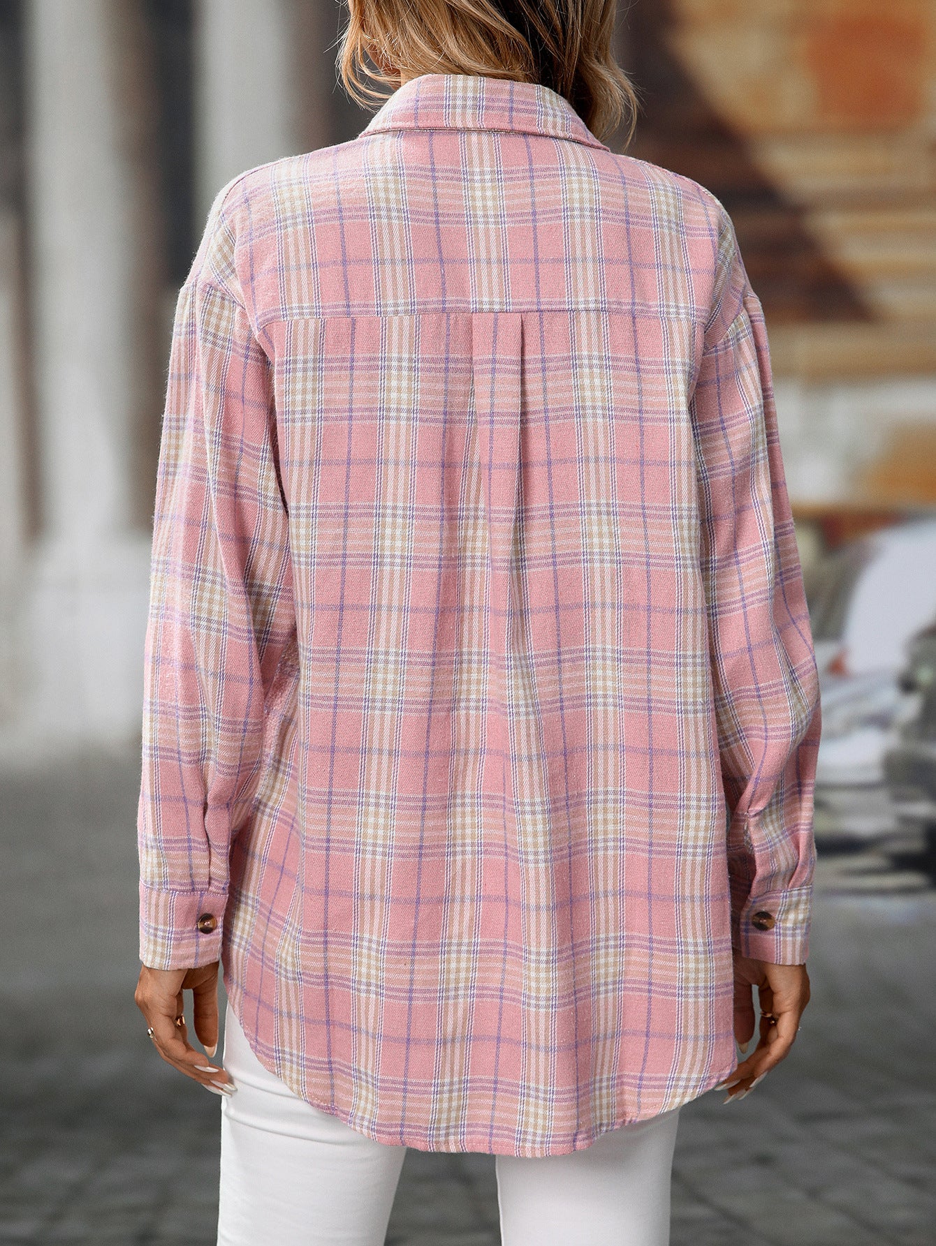Loose Plaid Shirt Pocket Button