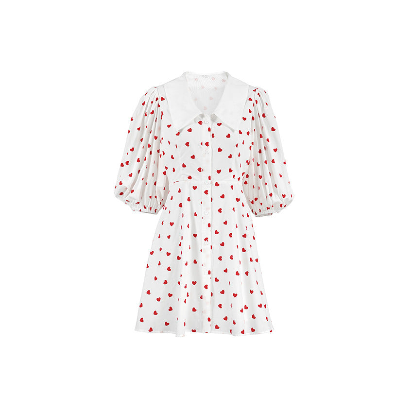 Cotton And Linen Puff Sleeve High Waist Heart Printing Dress