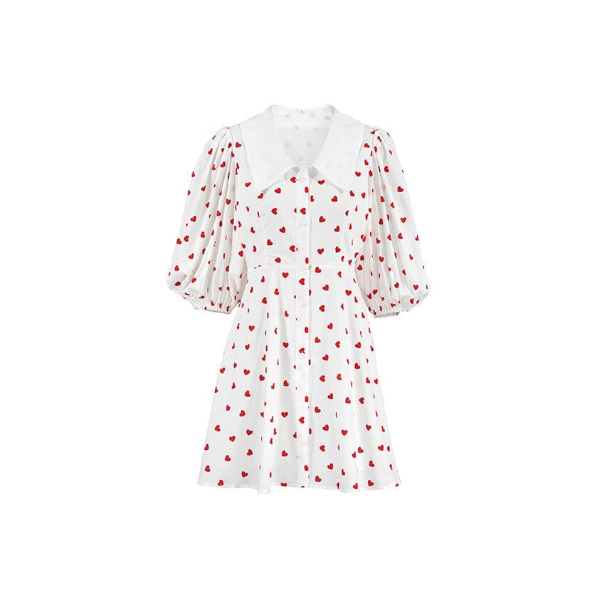 Cotton And Linen Puff Sleeve High Waist Heart Printing Dress Dresses VAYORK STARS