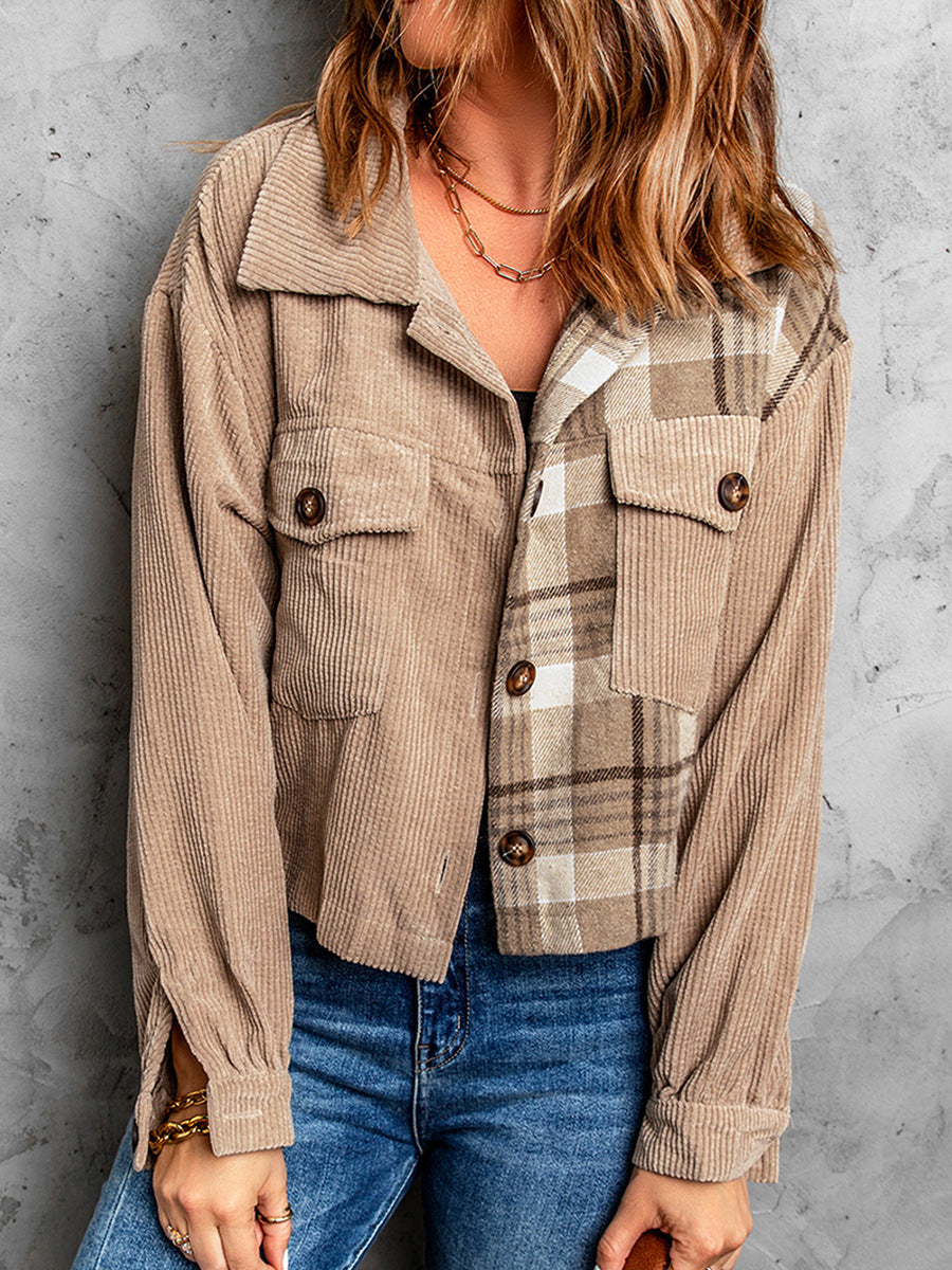 Plaid Corduroy Dropped Shoulder Jacket