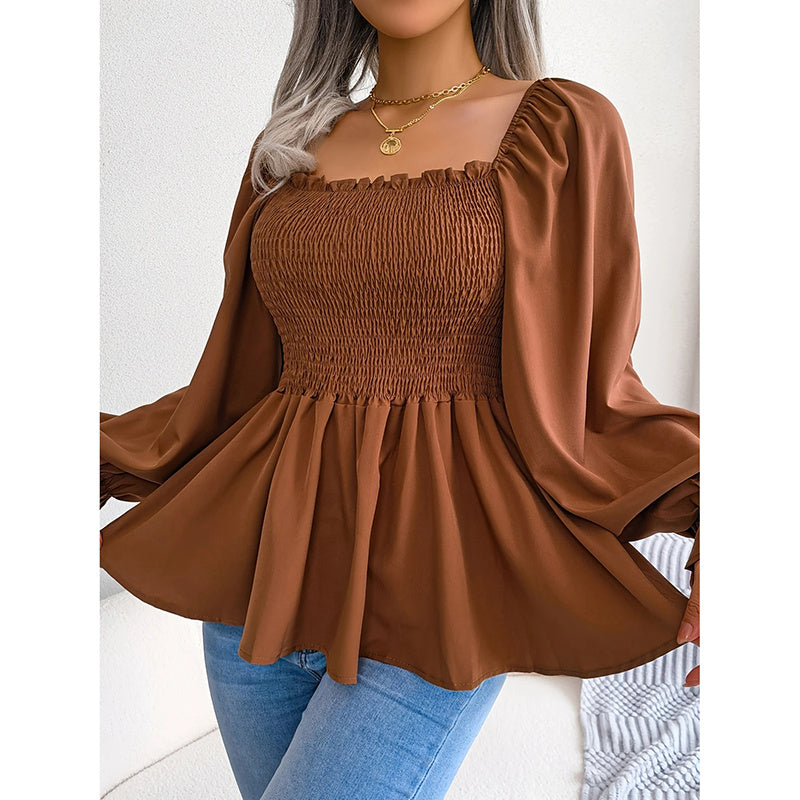 Peplum Tops Square Neck Ruffle Trim Long Sleeve Blouse Smocked Top Dressy
