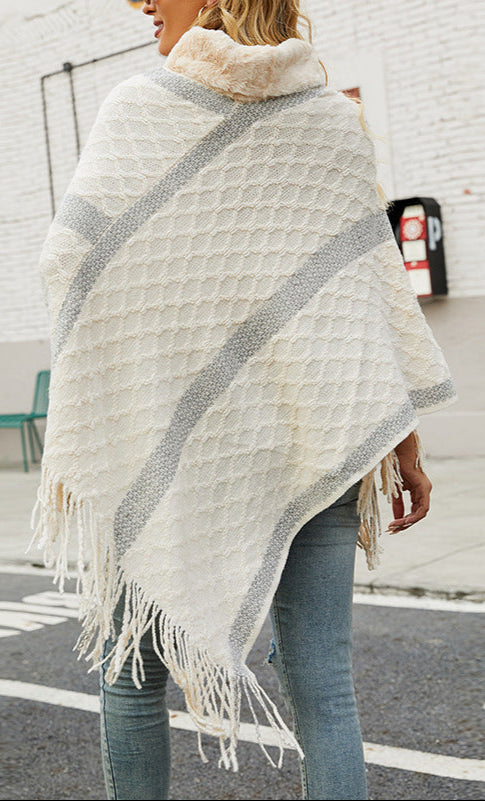 Shawl Cloak Fur Collar Fringed Hem Cardigan