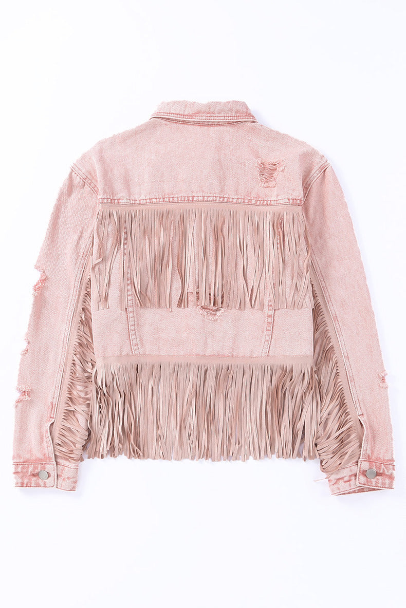 Stand-Up Collar Denim Solid Color with Tassel Stitching