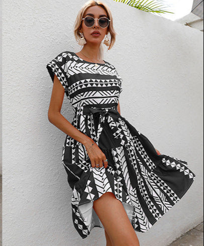 Round Neck Short Sleeve Dress One-Piece