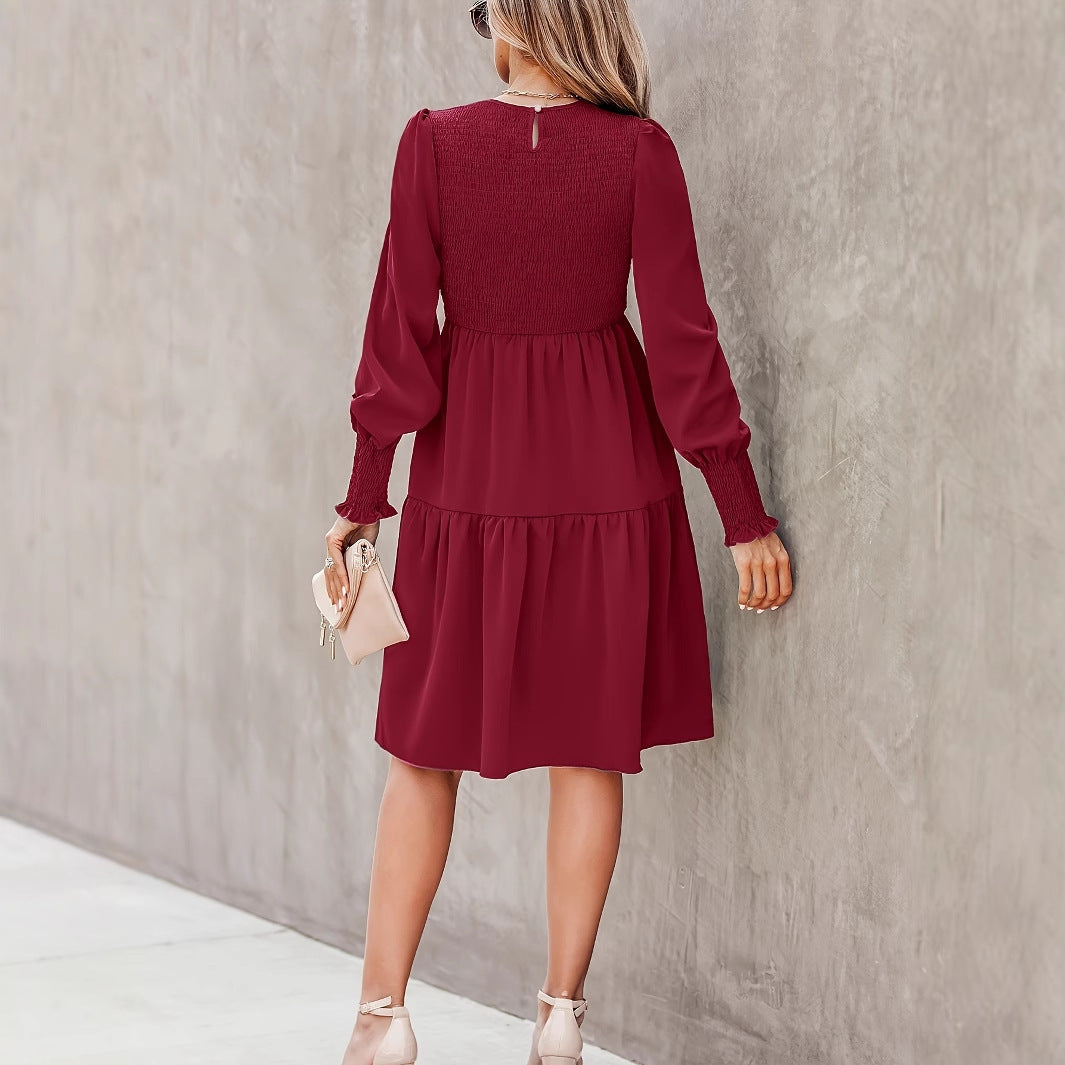 Ruffled Long Sleeve Dress Round Neck Lantern Sleeve Elegant Midi Dress