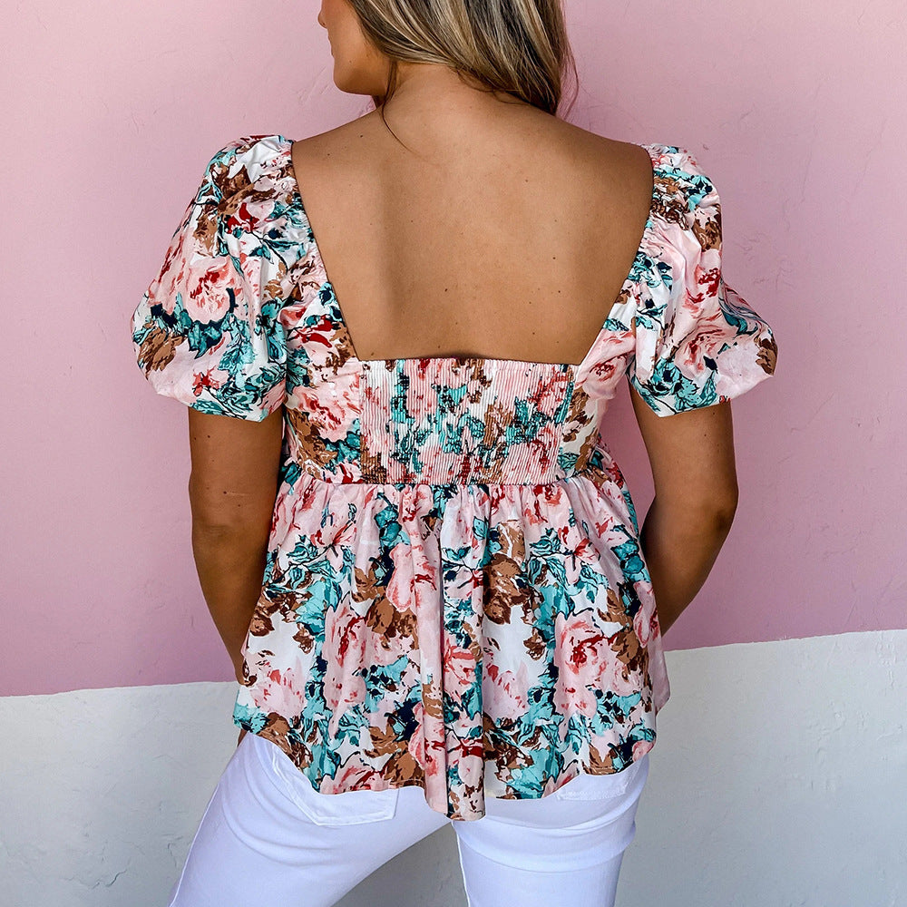 Floral V-neck Short-sleeved Large Swing Ladies Top