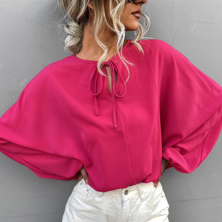 Lantern Sleeve V-Neck Loose Casual Top – Tie Front Blouse