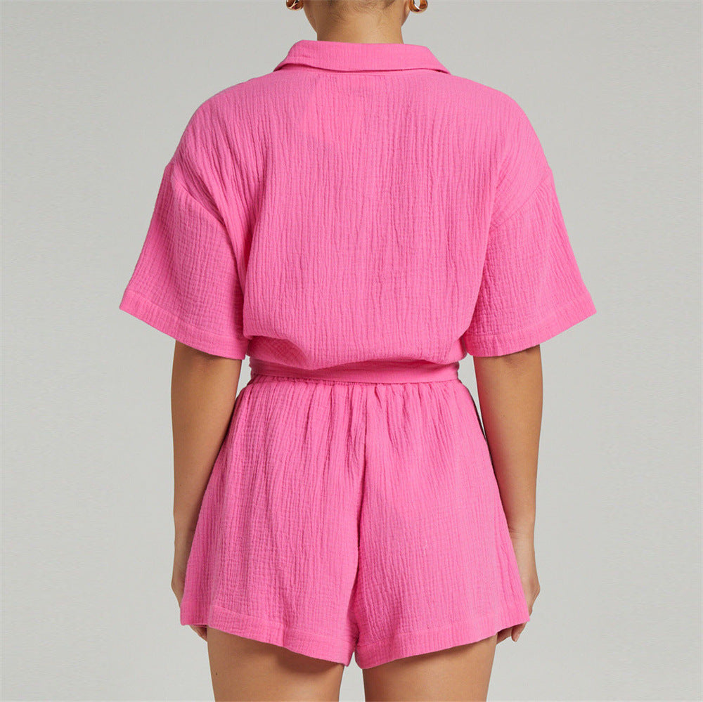 Casual Two-Piece Set – Loose Solid Color Shorts & Shirt Outfit