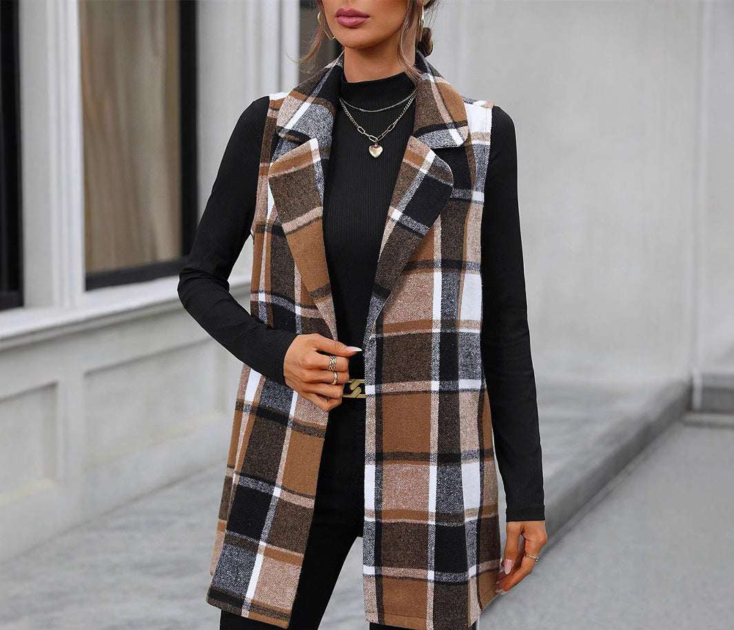 Sleeveless Plaid Vest Lace-Up Waist-Controlled