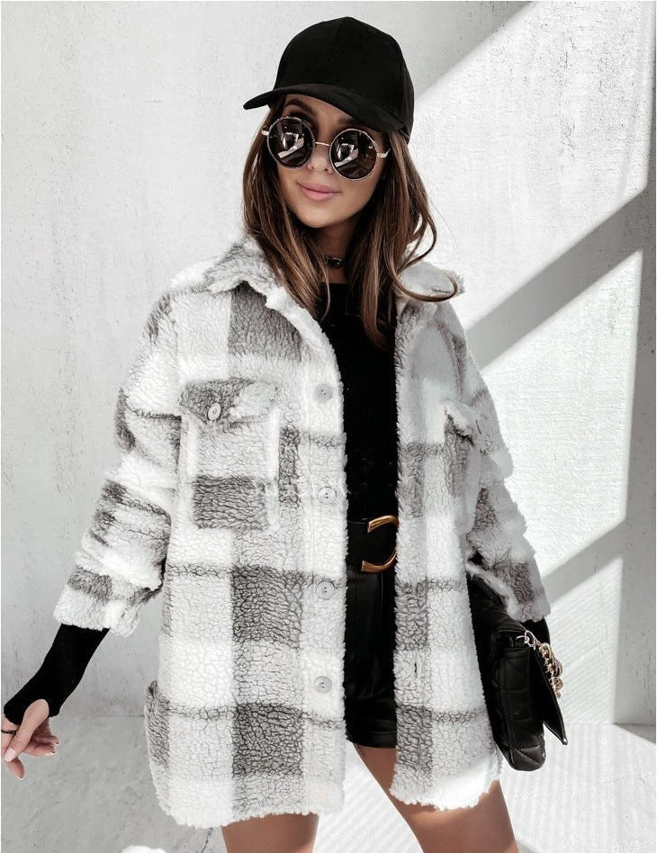 Long Sleeve Plaid Furry Double Pocket Warm