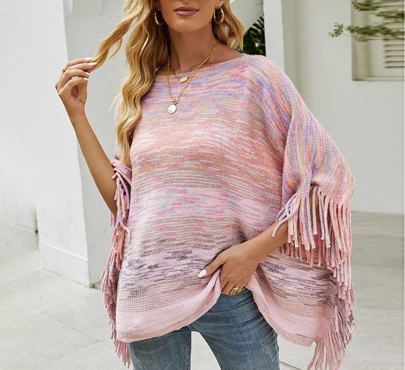 Shawl Cloak Sweater Striped Fringe Hem Coat Cardigan