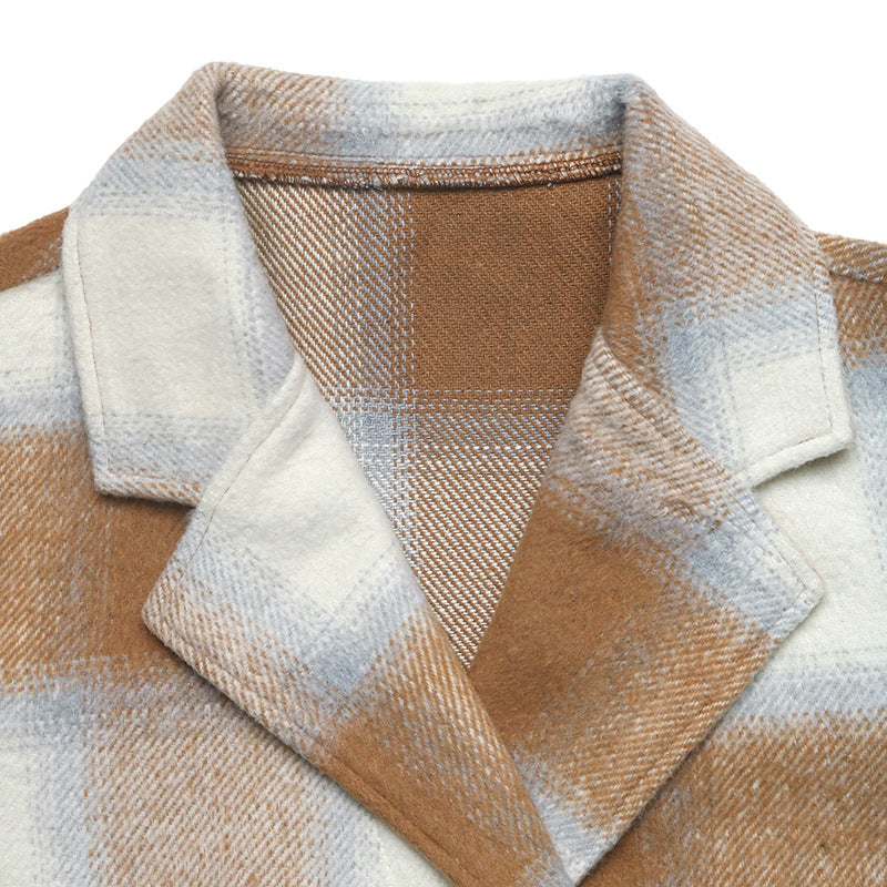 Mid-Length Plaid Coat Double-Breasted Suit Collar Jacket
