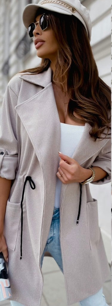 Suit Collar Mid-Length Trench Coat Drawstring Waist