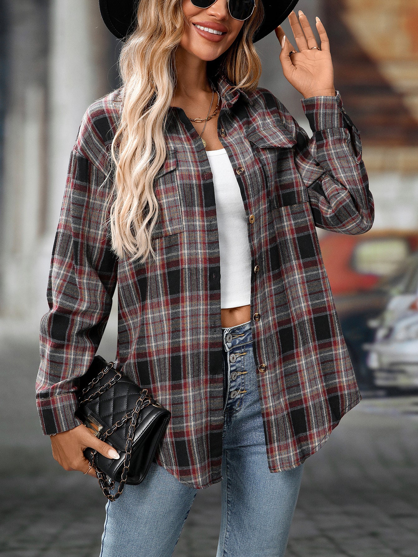 Loose Plaid Shirt Pocket Button