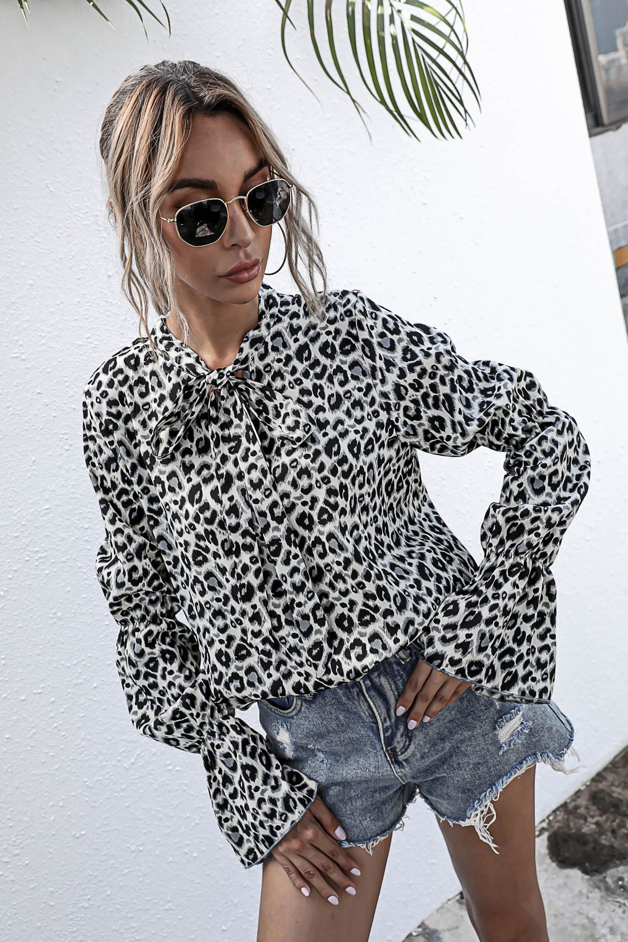 Leopard Print Lace-up Lantern Sleeve Blouse