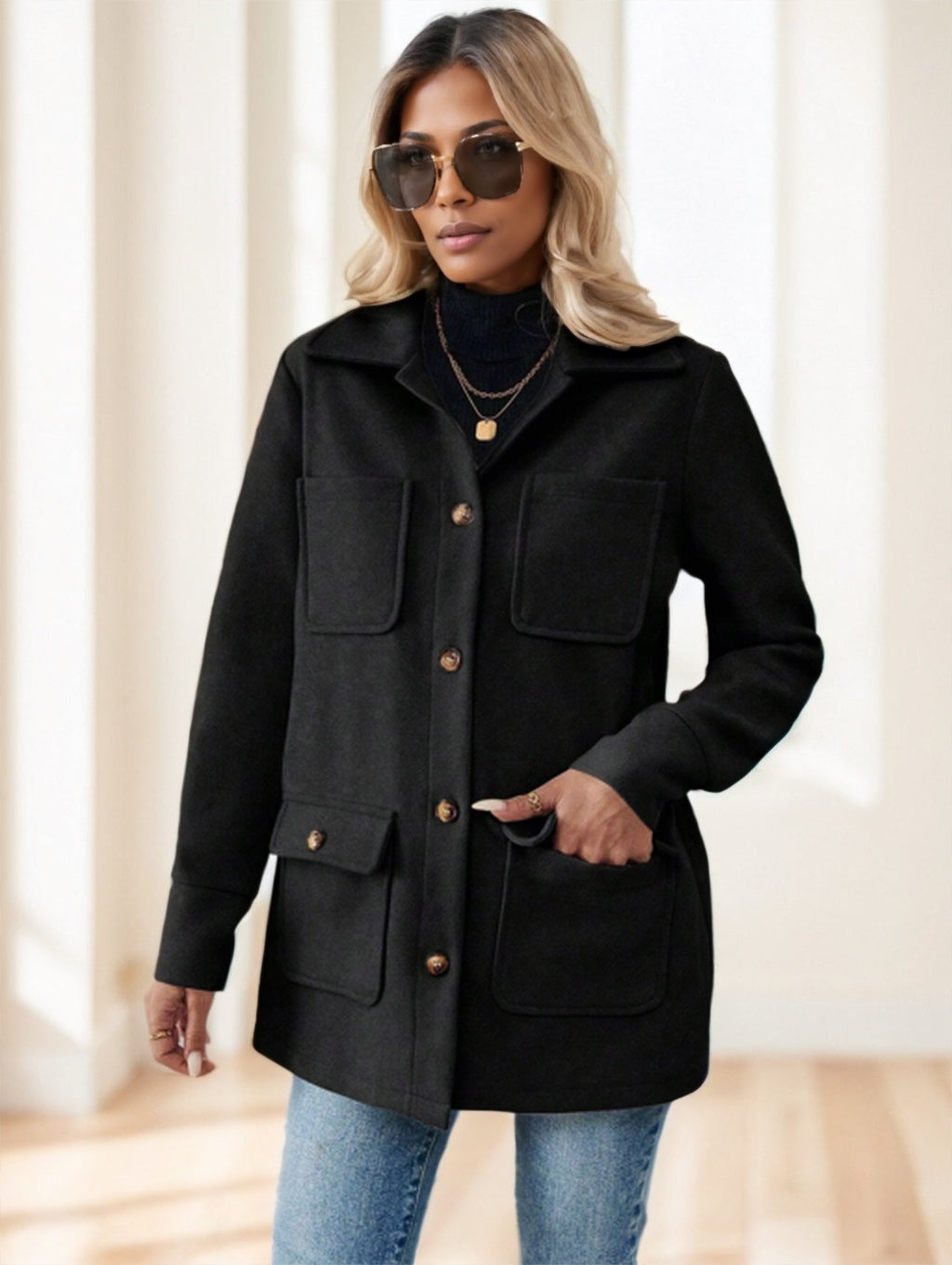 Solid Color Multi-Pocket Jacket Versatile Coat