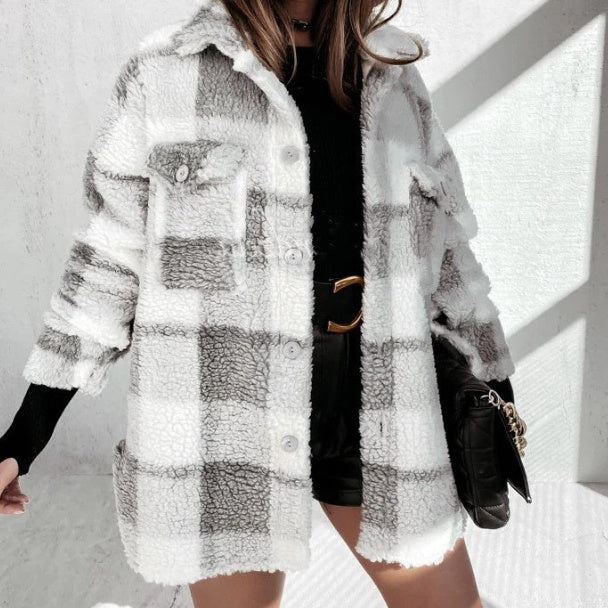 Long Sleeve Plaid Furry Double Pocket Warm