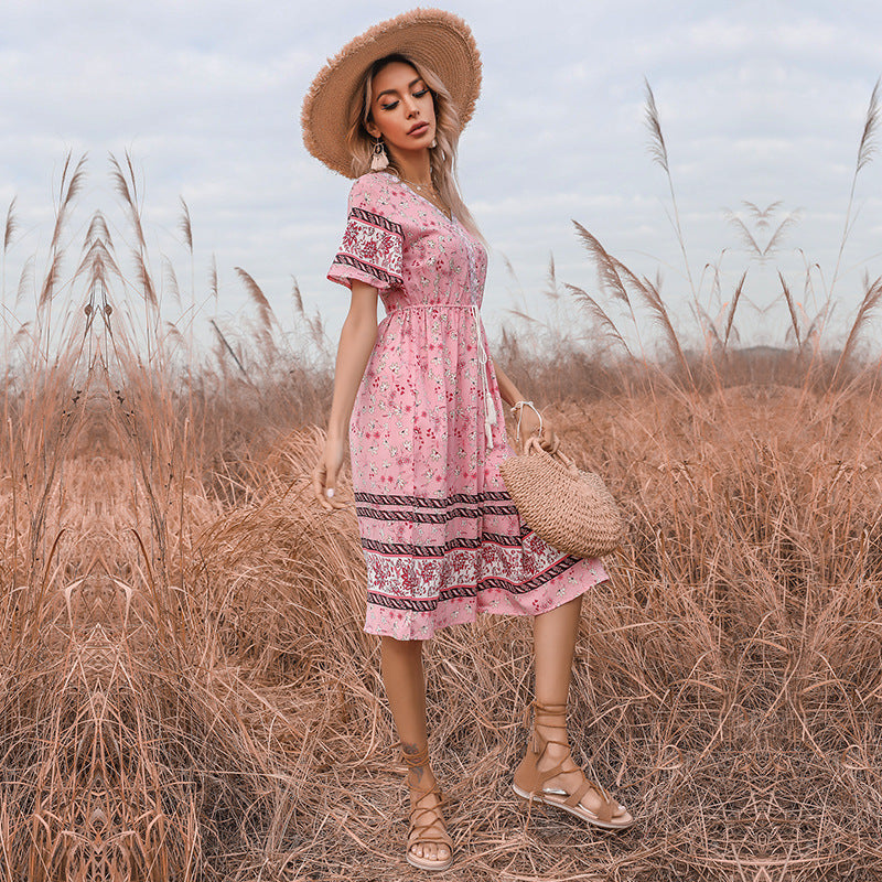 Floral Lace-Up Slim Fit Short-Sleeve V-Neck Dress