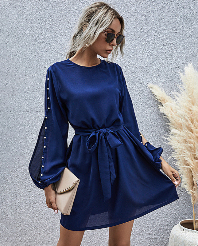 Long Sleeve Beaded Round Neck Belt Dress