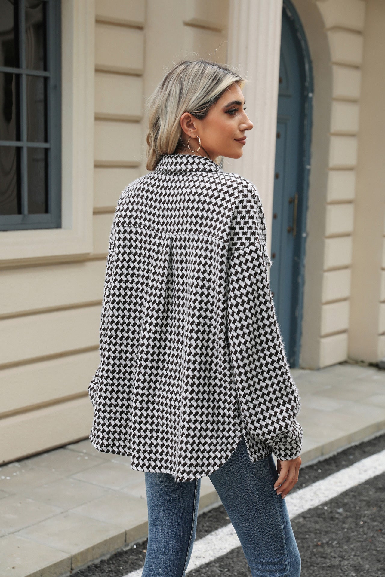 Lapel Plaid Multi-Button Long Sleeve Woolen Loose Fit Winter Jacket