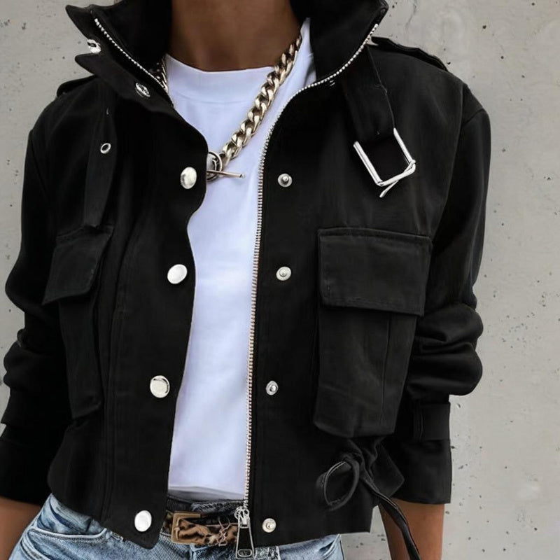 Stand Collar Long Sleeve Jacket Button & Zipper Short Coat with Pockets