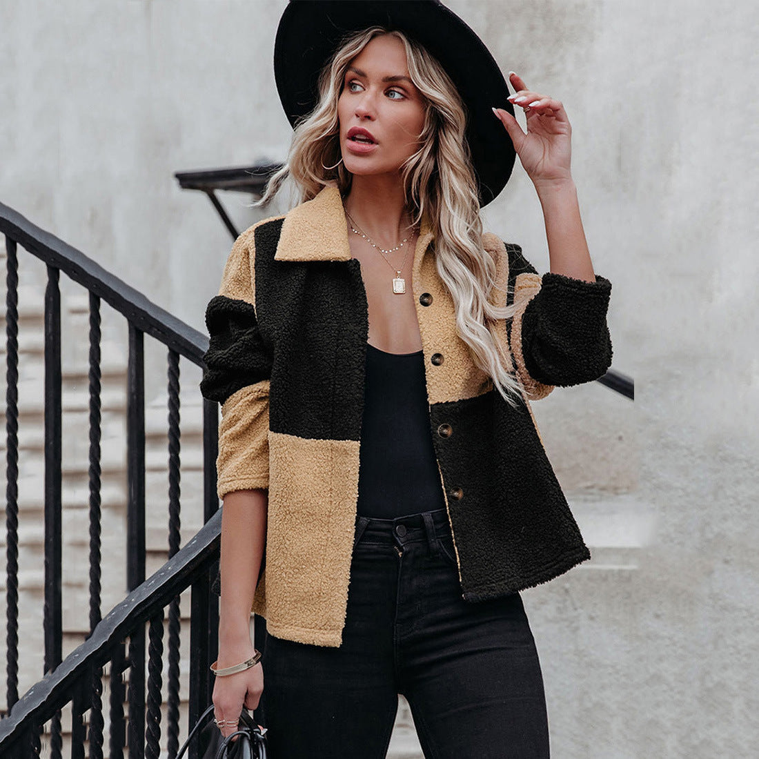 Lapel Contrast Paneled Long Sleeve Woolen Jacket