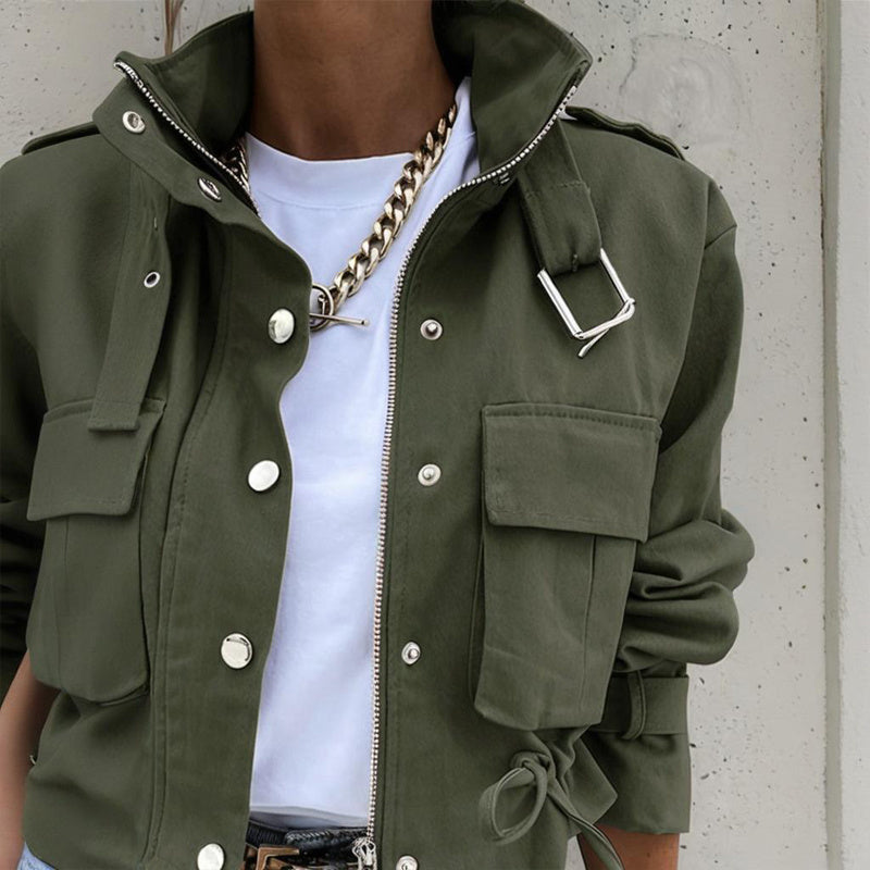 Stand Collar Long Sleeve Jacket Button & Zipper Short Coat with Pockets