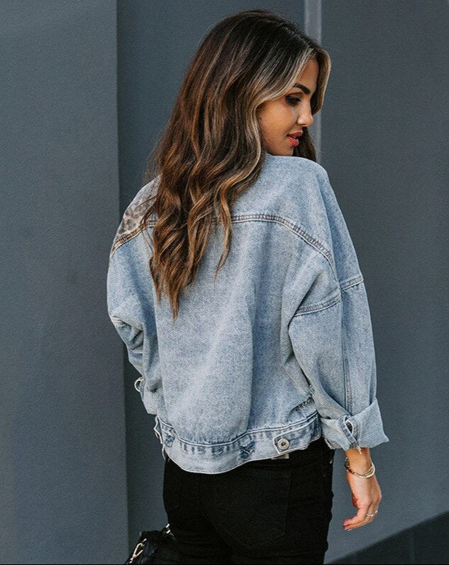Leopard Print Stitching Denim Jacket