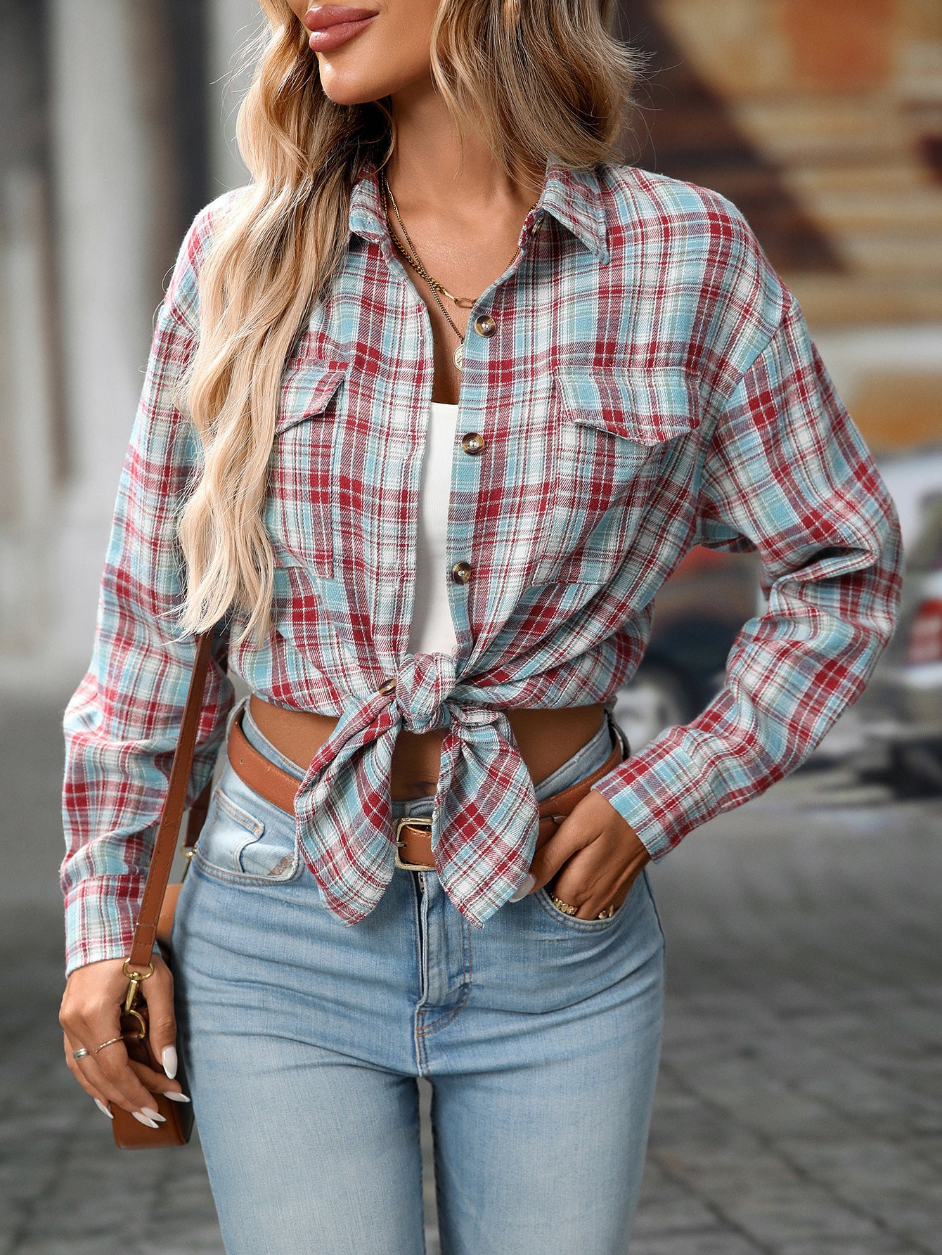 Loose Plaid Shirt Pocket Button