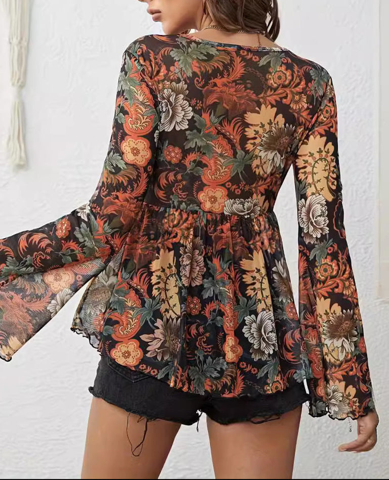 Mesh Printed Front Knotted Flare Sleeve Long-Sleeve Top