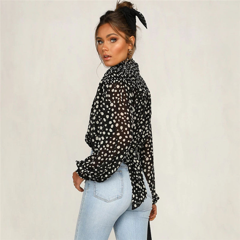 Polka Dot Chiffon Blouse – Tie Back High Neck Top