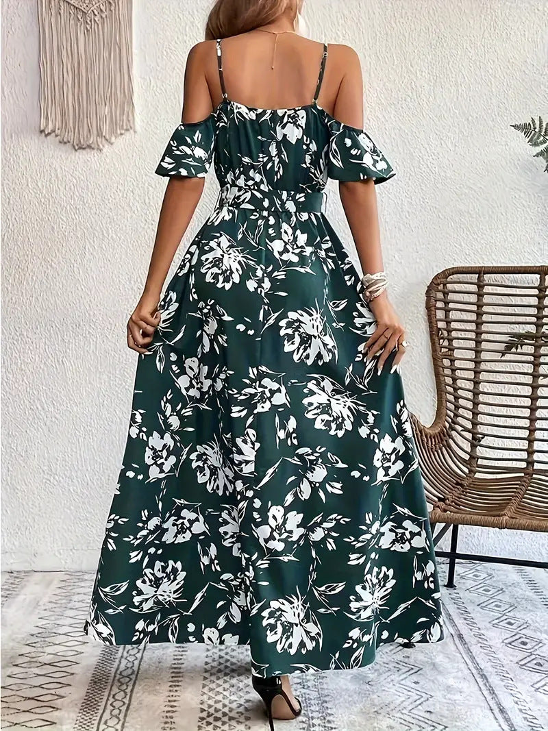 Flower Print Split Suspender Dress Lace-Up Long