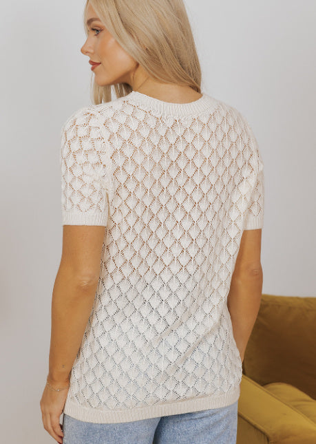 Beige Hollow-Out Crochet O-Neck Short Sleeve Sweater Tee
