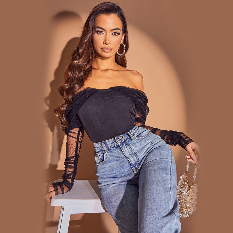 V-Neck Fashion Mesh Panel Puff Sleeve Slim Bodysuit