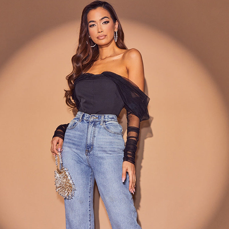 V-Neck Fashion Mesh Panel Puff Sleeve Slim Bodysuit