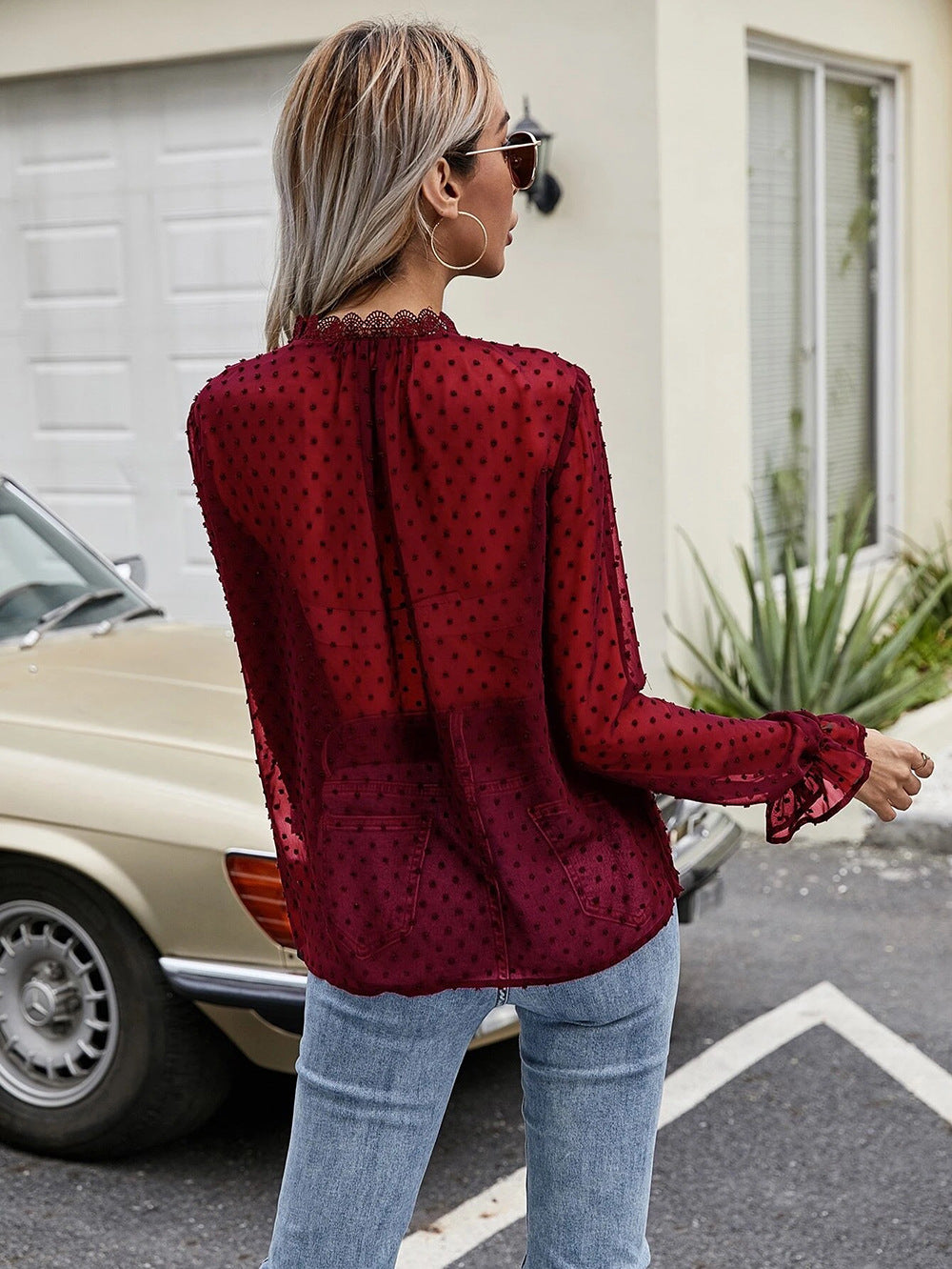 Paneled Lace VNeck Long Sleeve Dot Chiffon Shirt Top