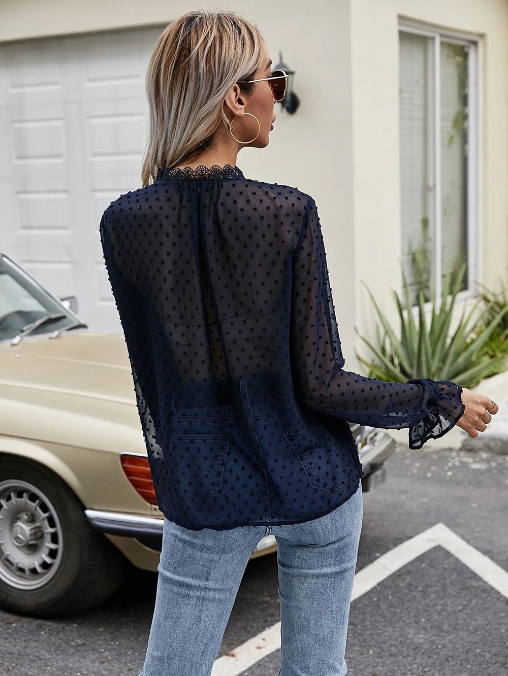 Paneled Lace VNeck Long Sleeve Dot Chiffon Shirt Top