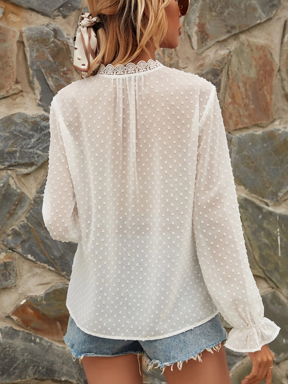 Paneled Lace VNeck Long Sleeve Dot Chiffon Shirt Top