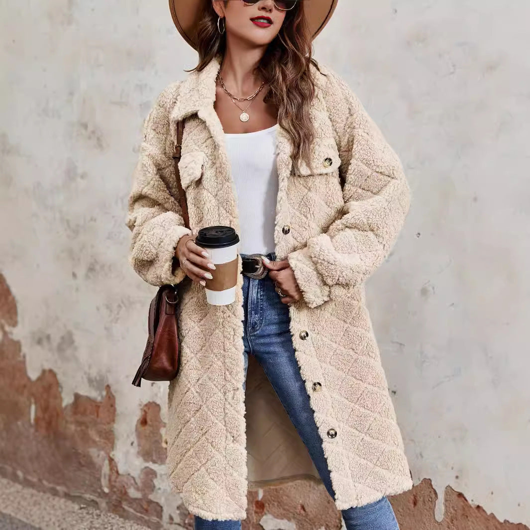 Plush Warm Coat Pocket Lapel Collar Long Sleeve Outerwear