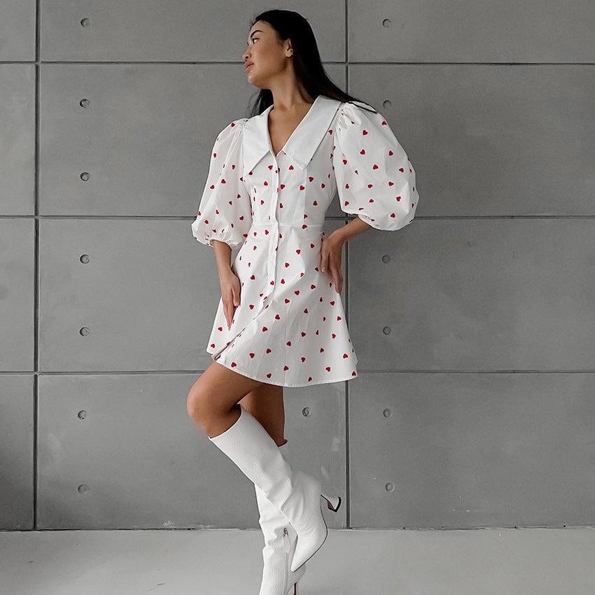 Cotton And Linen Puff Sleeve High Waist Heart Printing Dress