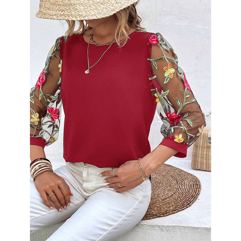 Floral Embroidered Sheer Mesh Puff Sleeve Top Boho Crew Neck