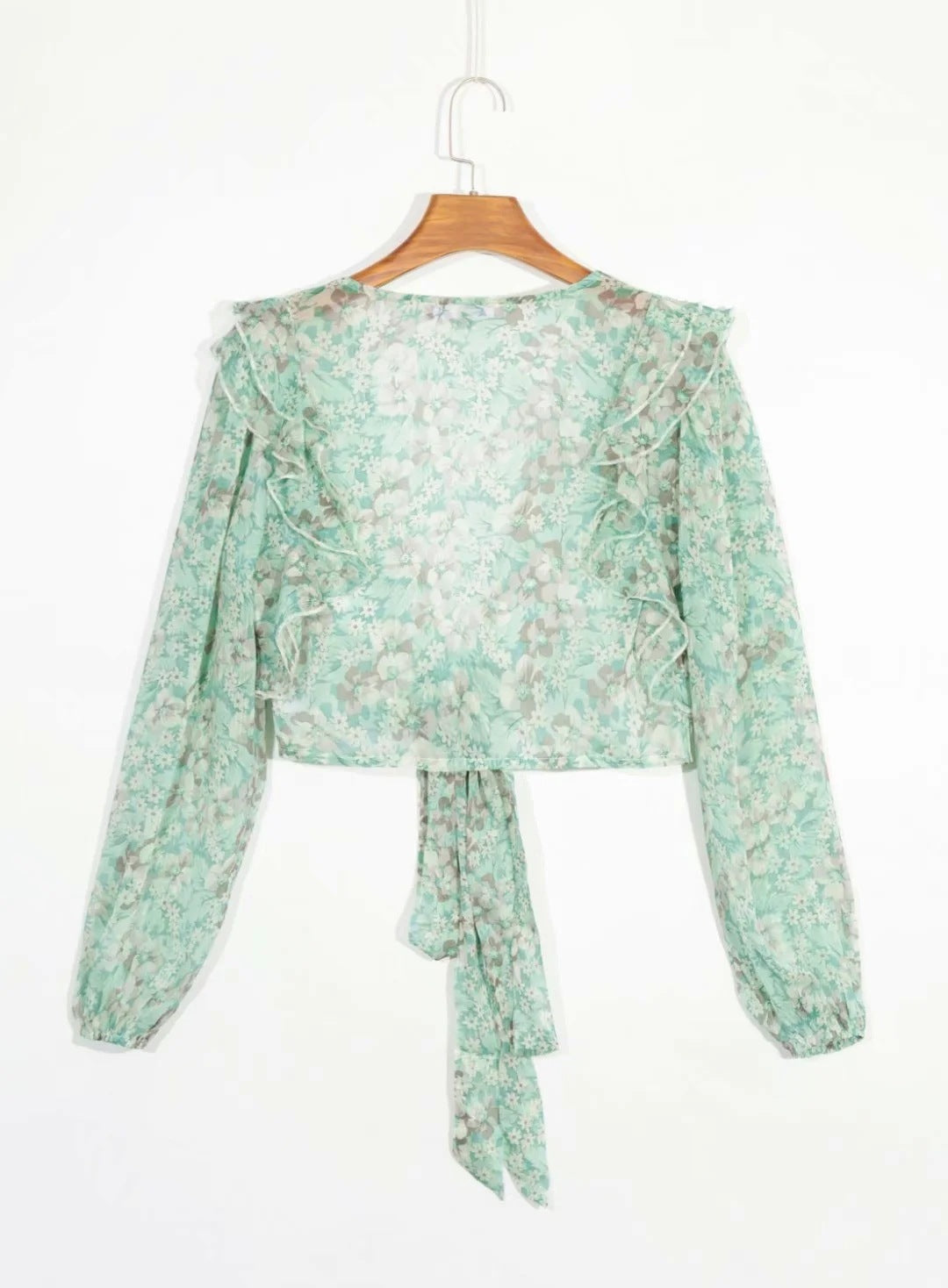 Floral Print Top with Long Sleeves and Deep V-neck Tie