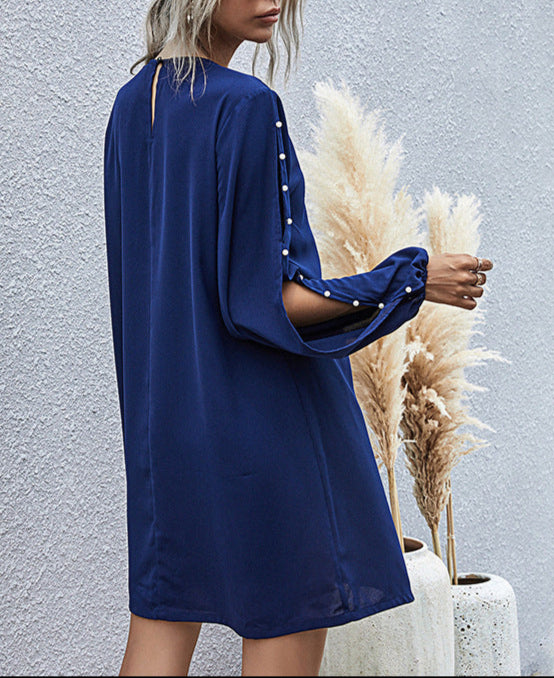 Long Sleeve Beaded Round Neck Belt Dress