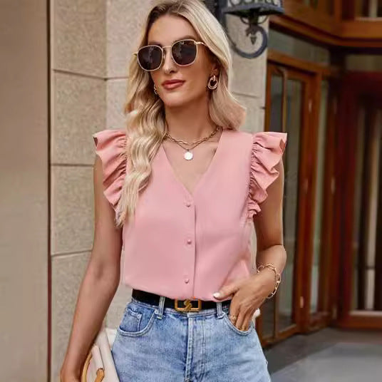 Sleeveless Ruffle Sleeve Blouse for Women – Summer Casual Top