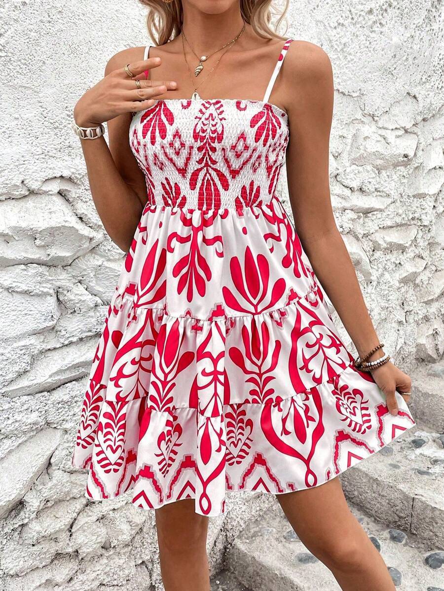 Plant Print Gathered Cami Dress