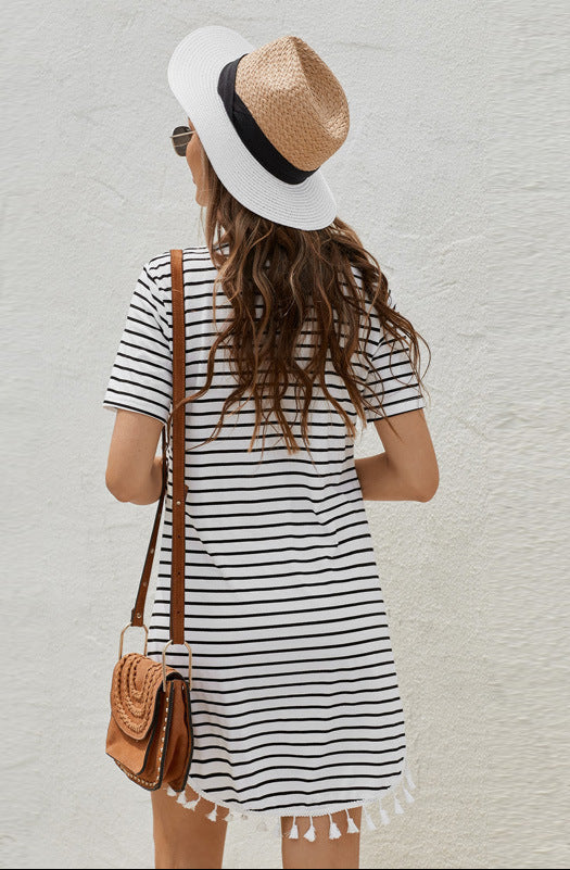 Striped Stitching Short-Sleeve Dress Fringe Hem